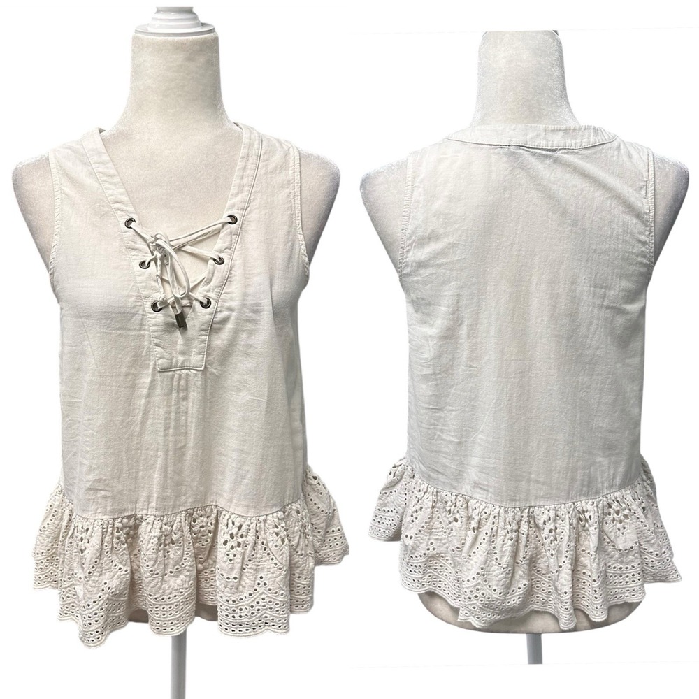 Maven West Womens Tank Top Size S Off White Peplum V Neck Sleeveless Boho Tie